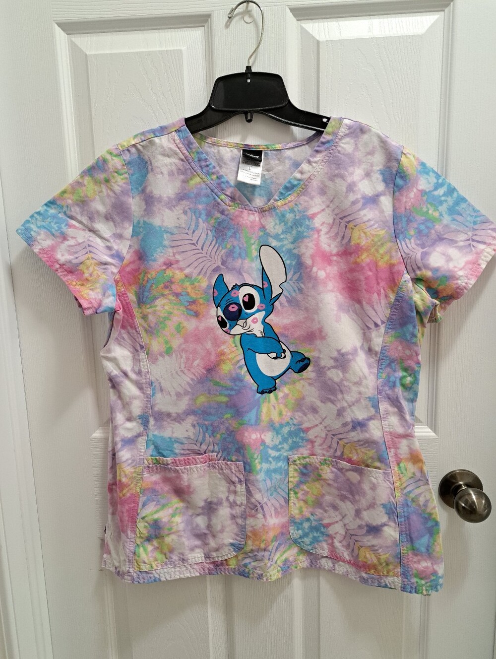Disney Tie-Dye Scrub Top with Stitch Graphic Pastel Blue Pink Purple Size Large